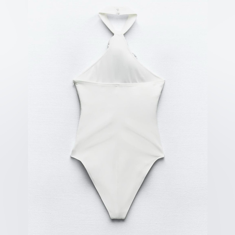 Zara NWT jeweled embellished floral detail halter neck white & silver bodysuit - Picture 4 of 10